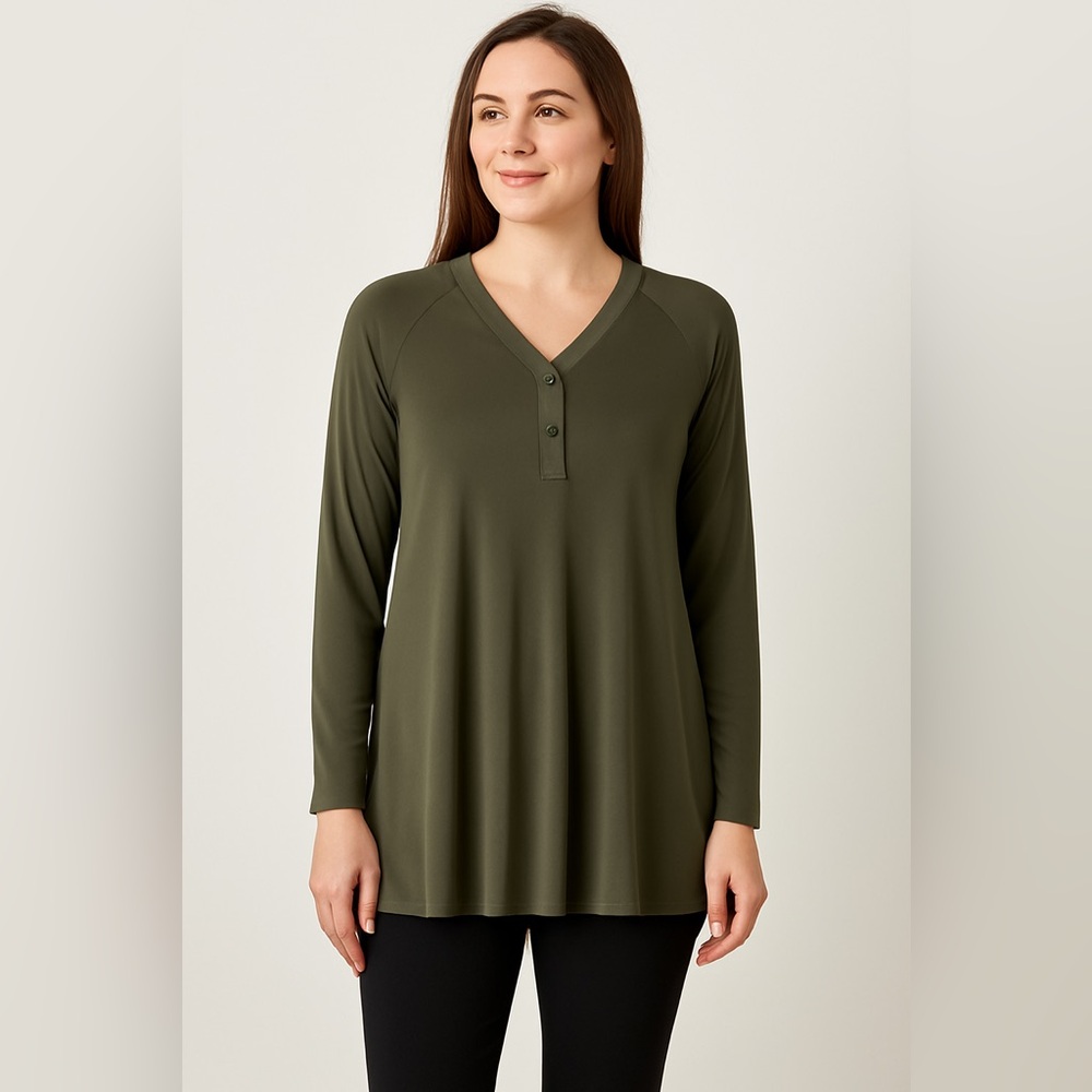Sun Kim Long Sleeve Knit Tunic Top Olive Green Size Large
